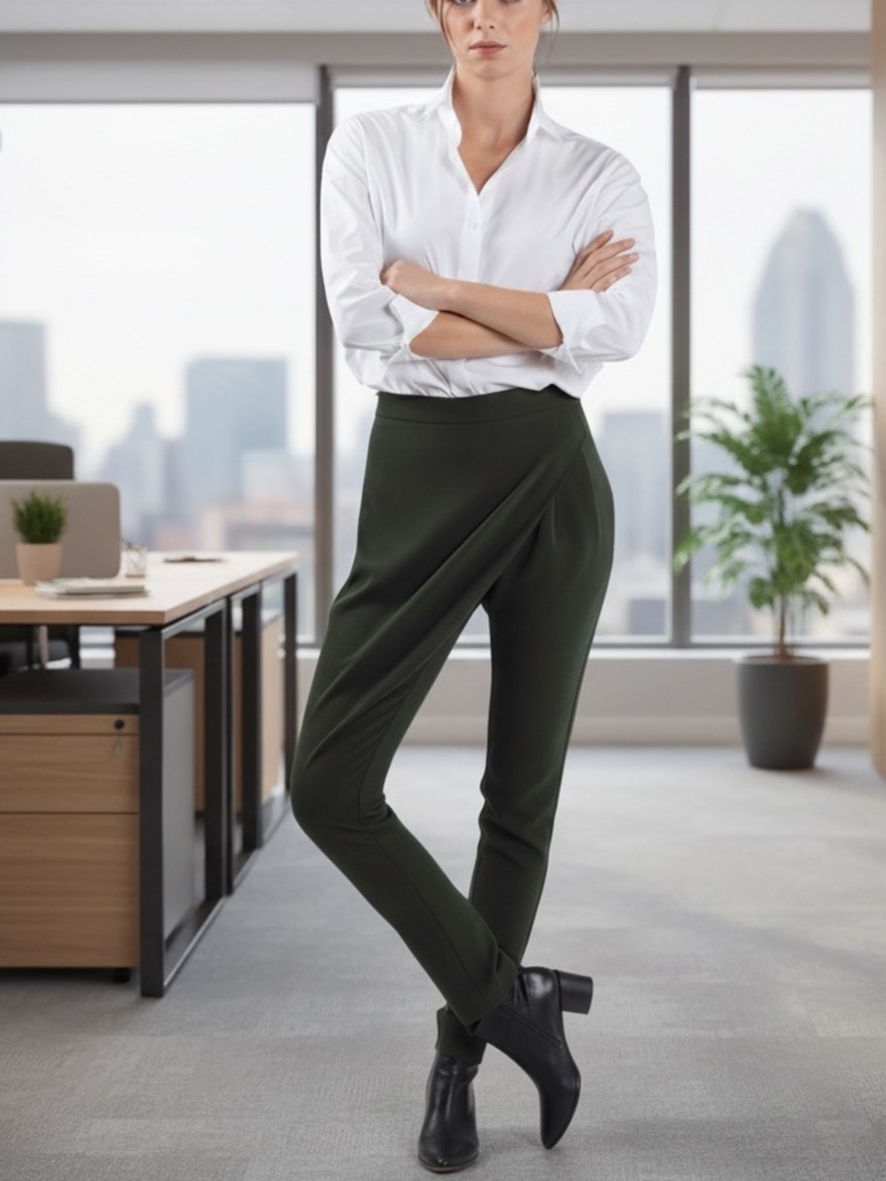 RUTI Olive Crepe Campbell Drape Pants Front Drape Straight Leg Style Size 3 (L)